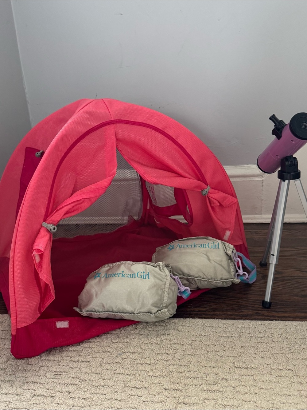 Retired American Girl Pink Pop-Up Play Tent, Sleeping Bags & Telescope